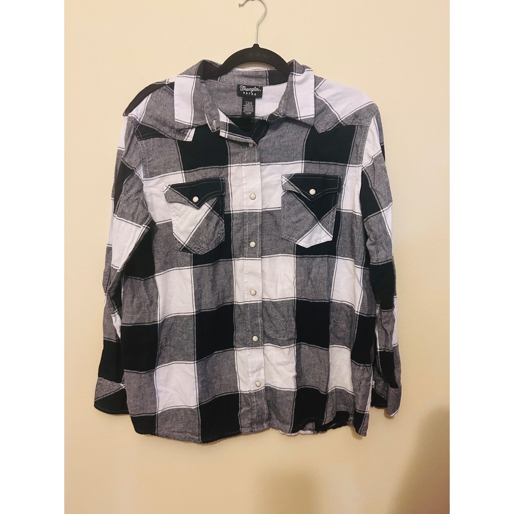Wrangler Retro Western Shirt Women L Black White Excellent Buffalo Plaid Snap
